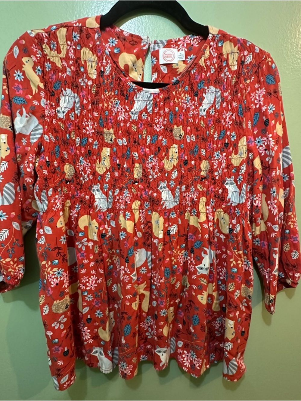 Red/orange Floral Woodland Animal Smocked Top